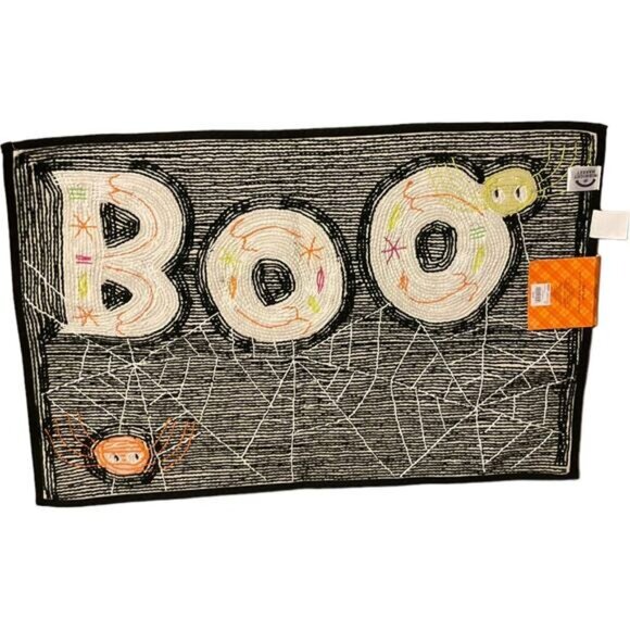 Halloween Midnight Market Boo Rug 20" X 30" Black & White Cotton Spider Webs Des - Picture 2 of 4